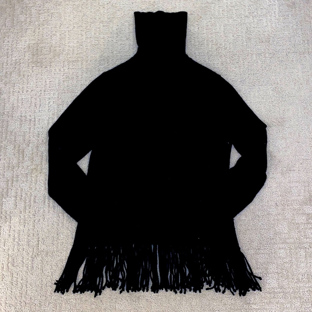 Aqua Cashmere Black Fringe Turtleneck